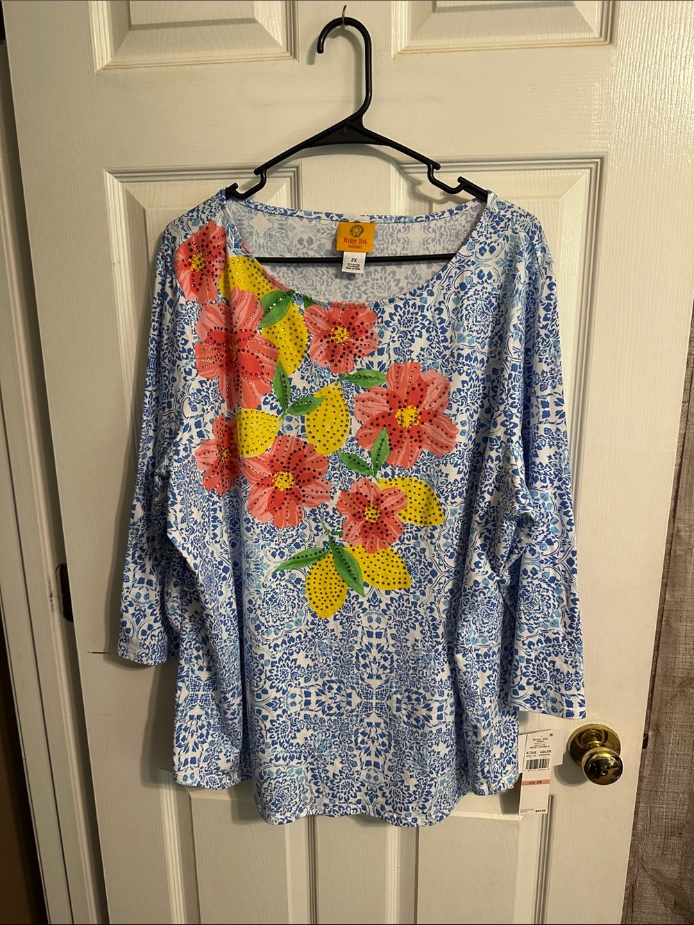 Ruby Rd. Blue Tile-Print Tunic with Pink Floral & Yellow Accents